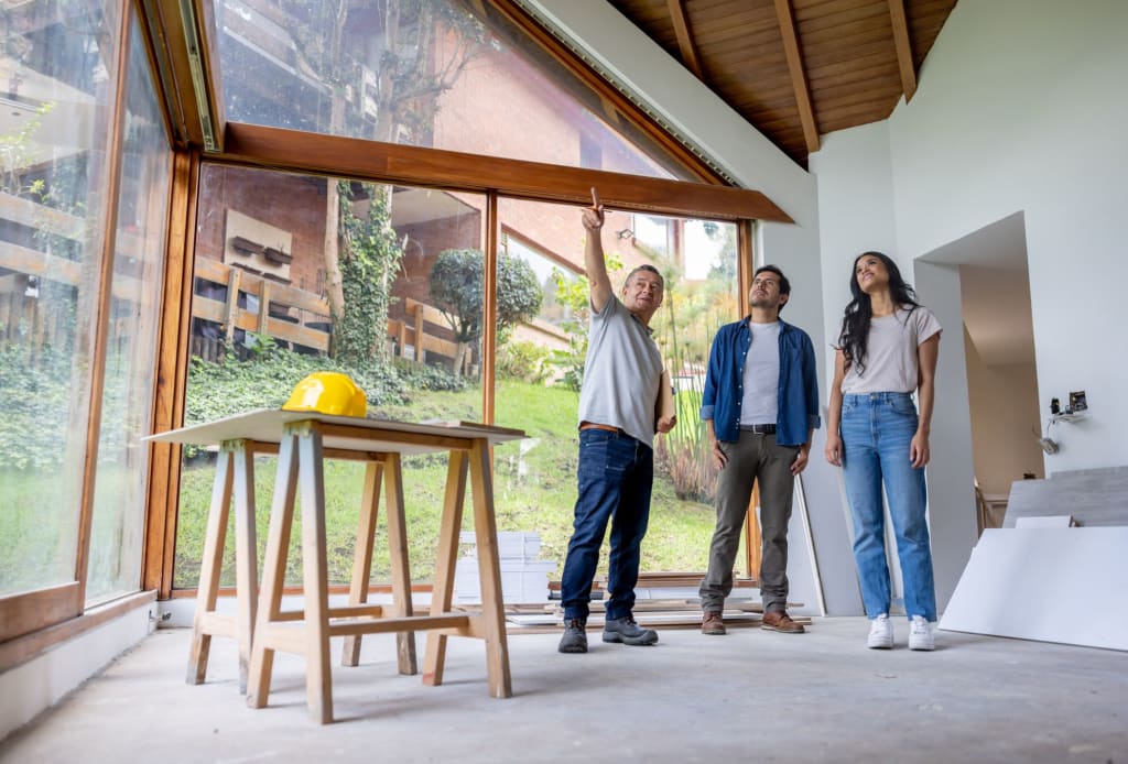 Builder showing renovation work to couple inside home with large windows and high ceiling.